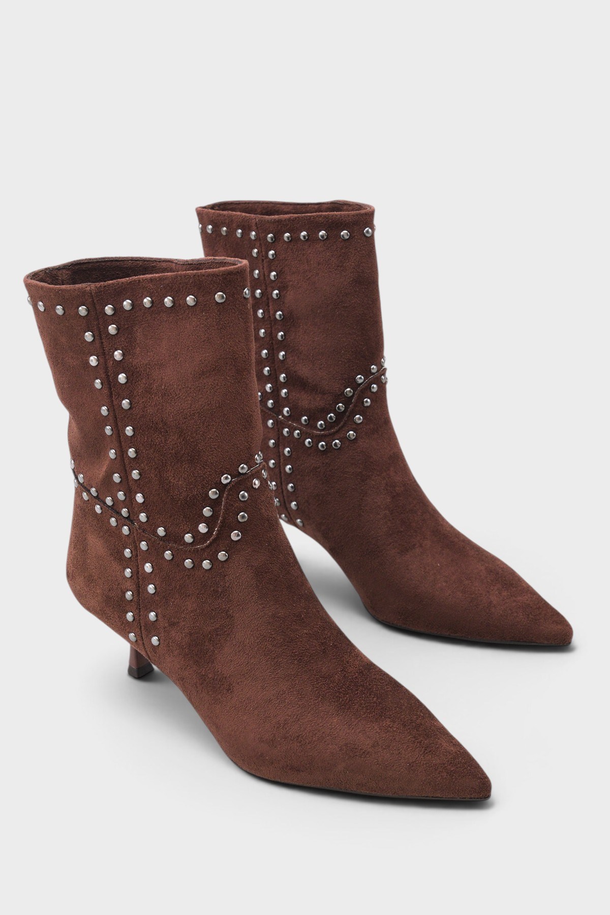 Capone Juliana Stud Detail Pull-On Pointed Toe Heeled Casual Suede Look Women Sued Brown Ankle Boot