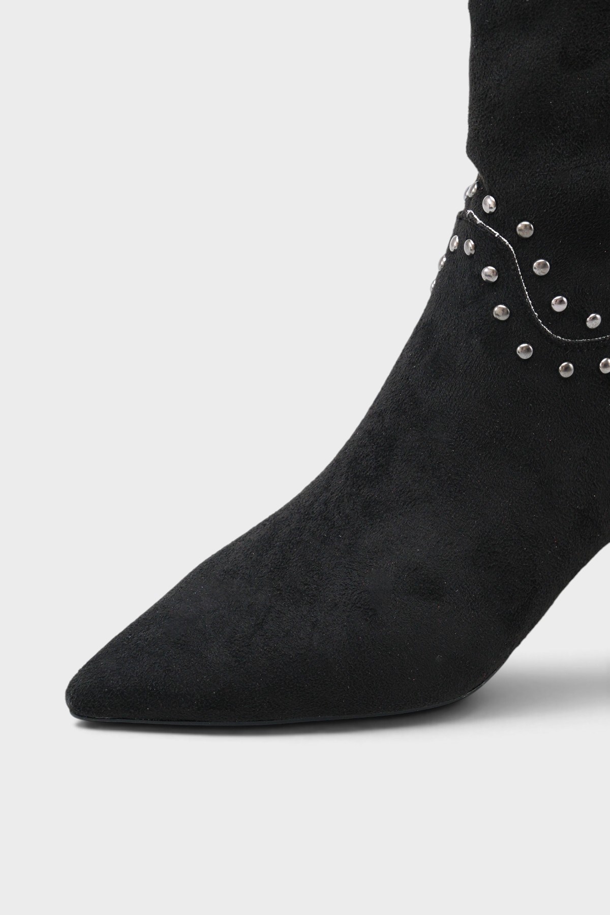 Capone Juliana Stud Detail Pull-On Pointed Toe Heeled Casual Suede Look Women Sued Black Ankle Boot