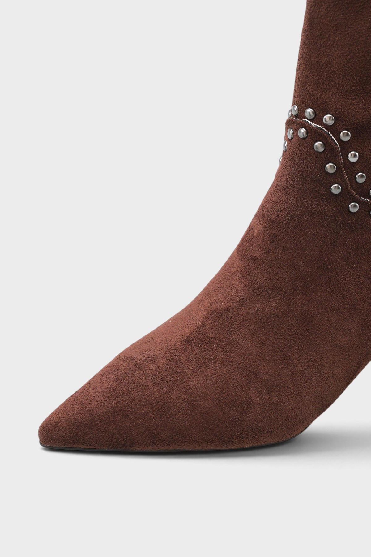 Capone Juliana Stud Detail Pull-On Pointed Toe Heeled Casual Suede Look Women Sued Brown Ankle Boot