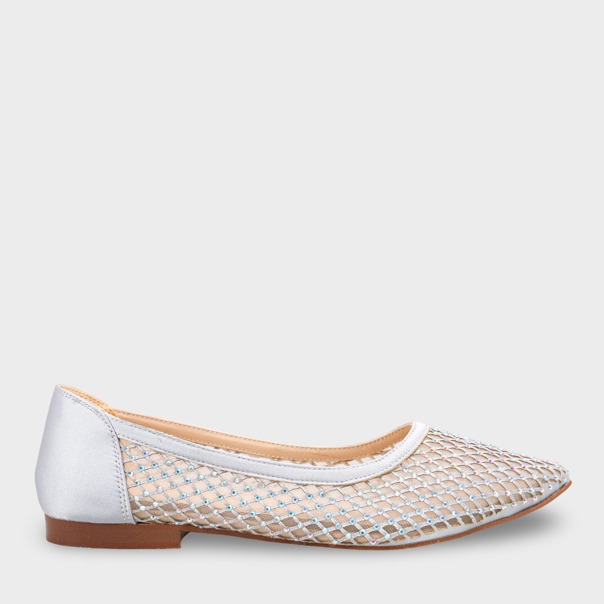 Capone Kathlene Pointed Toe Crystal Embellished Mesh Women Silver Wedding Ballet Flat