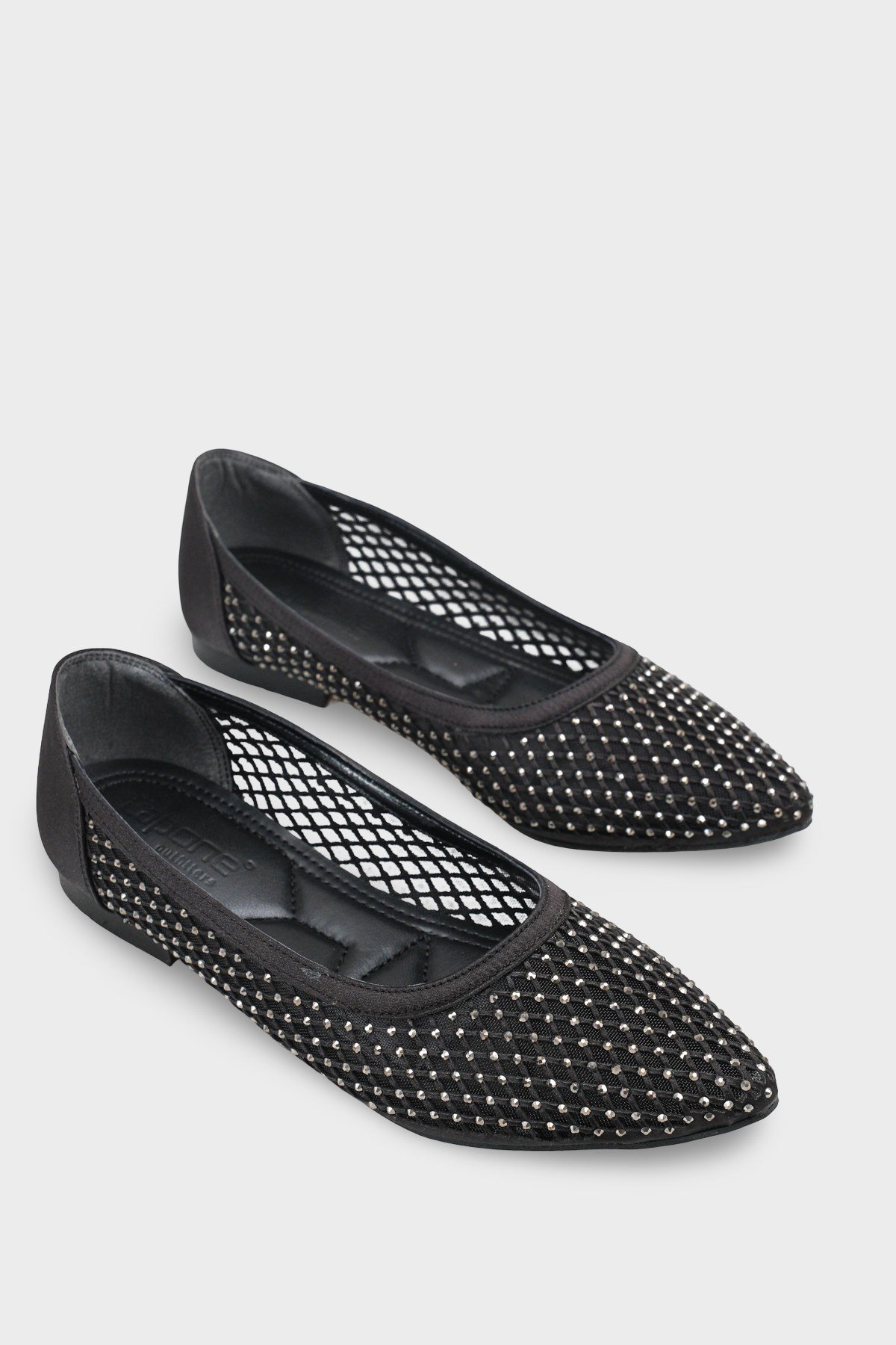 Capone Kathlene Pointed Toe Crystal Embellished Mesh Women Satin Black Wedding Ballet Flat