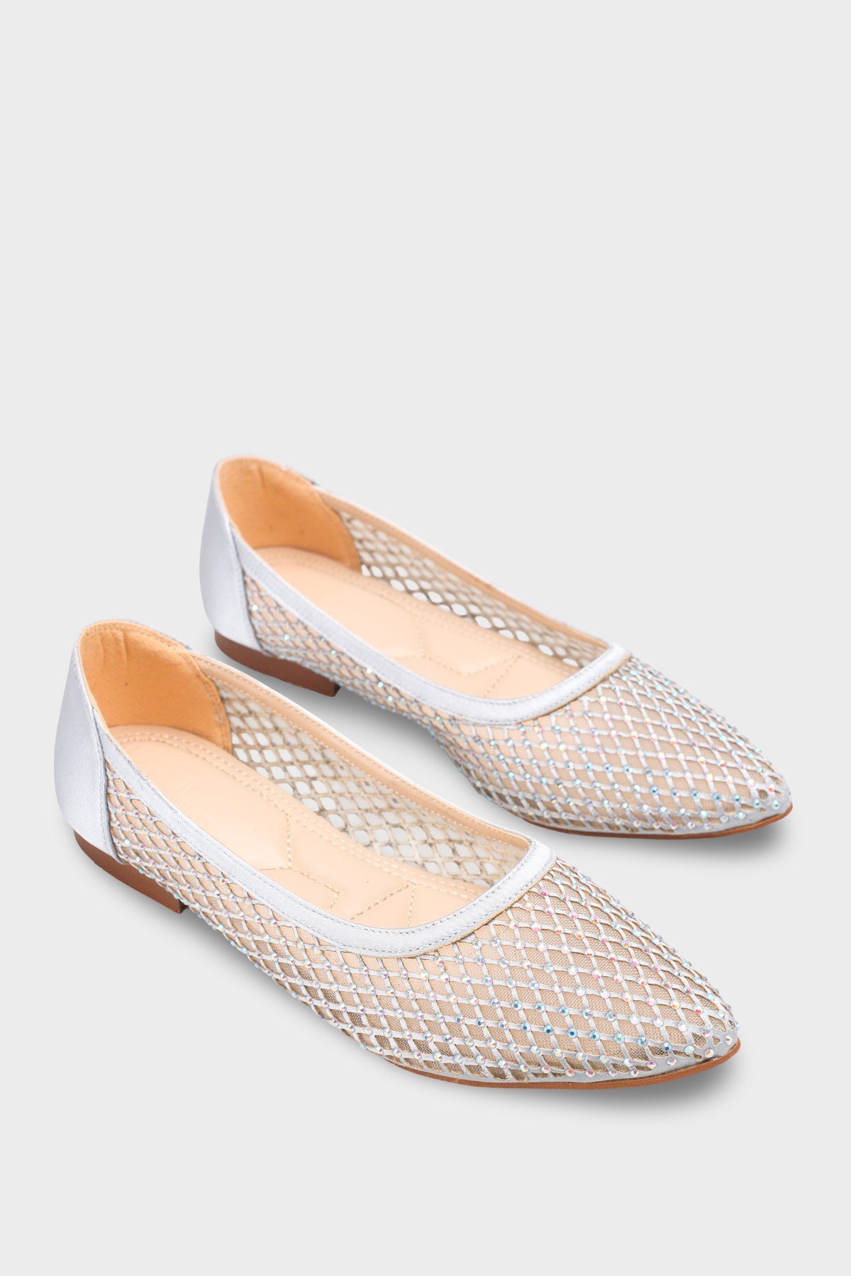 Capone Kathlene Pointed Toe Crystal Embellished Mesh Women Silver Wedding Ballet Flat