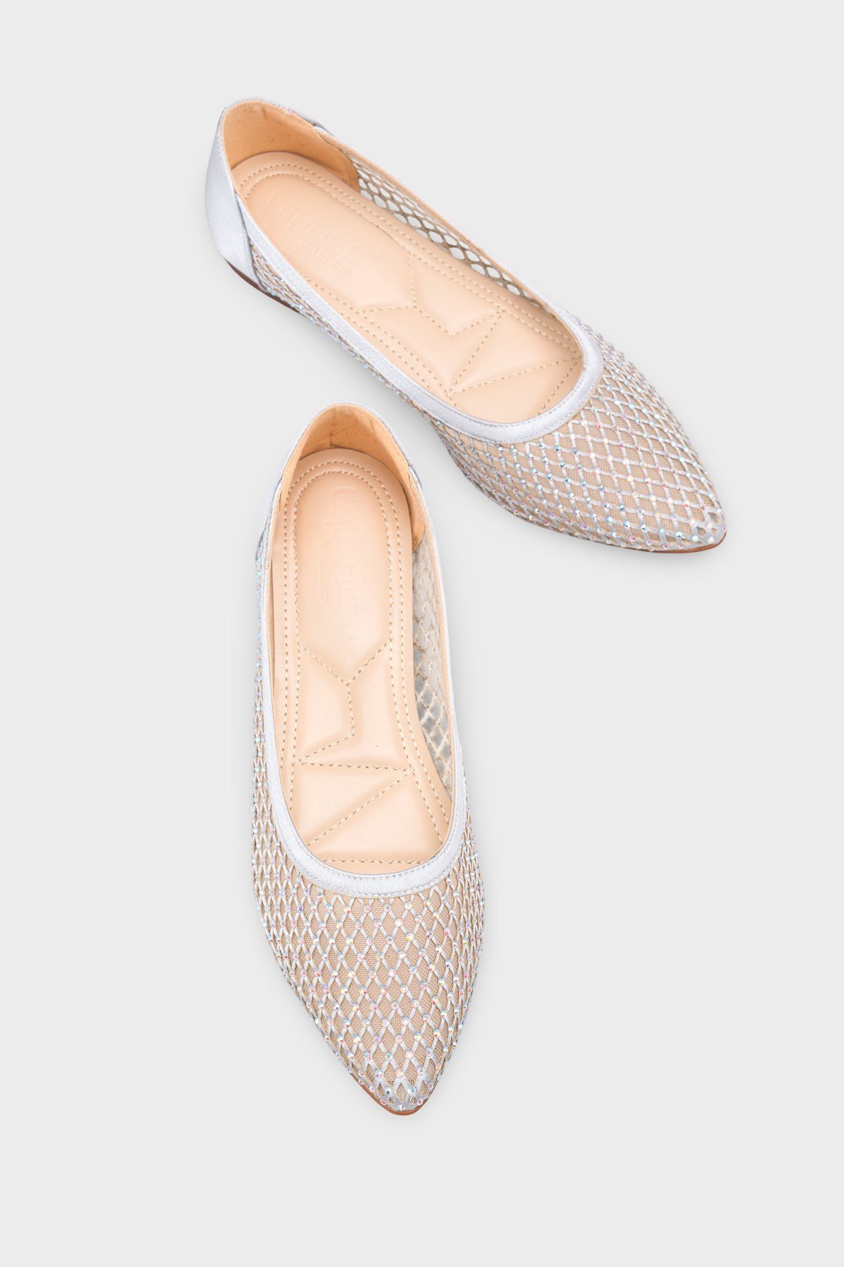 Capone Kathlene Pointed Toe Crystal Embellished Mesh Women Silver Wedding Ballet Flat