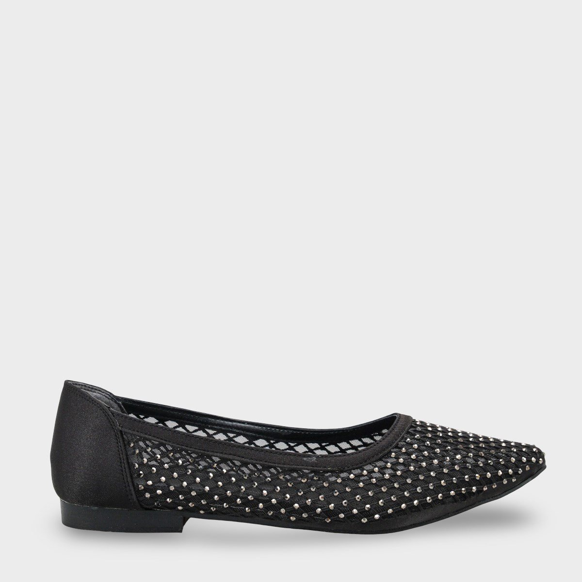 Capone Kathlene Pointed Toe Crystal Embellished Mesh Women Satin Black Wedding Ballet Flat