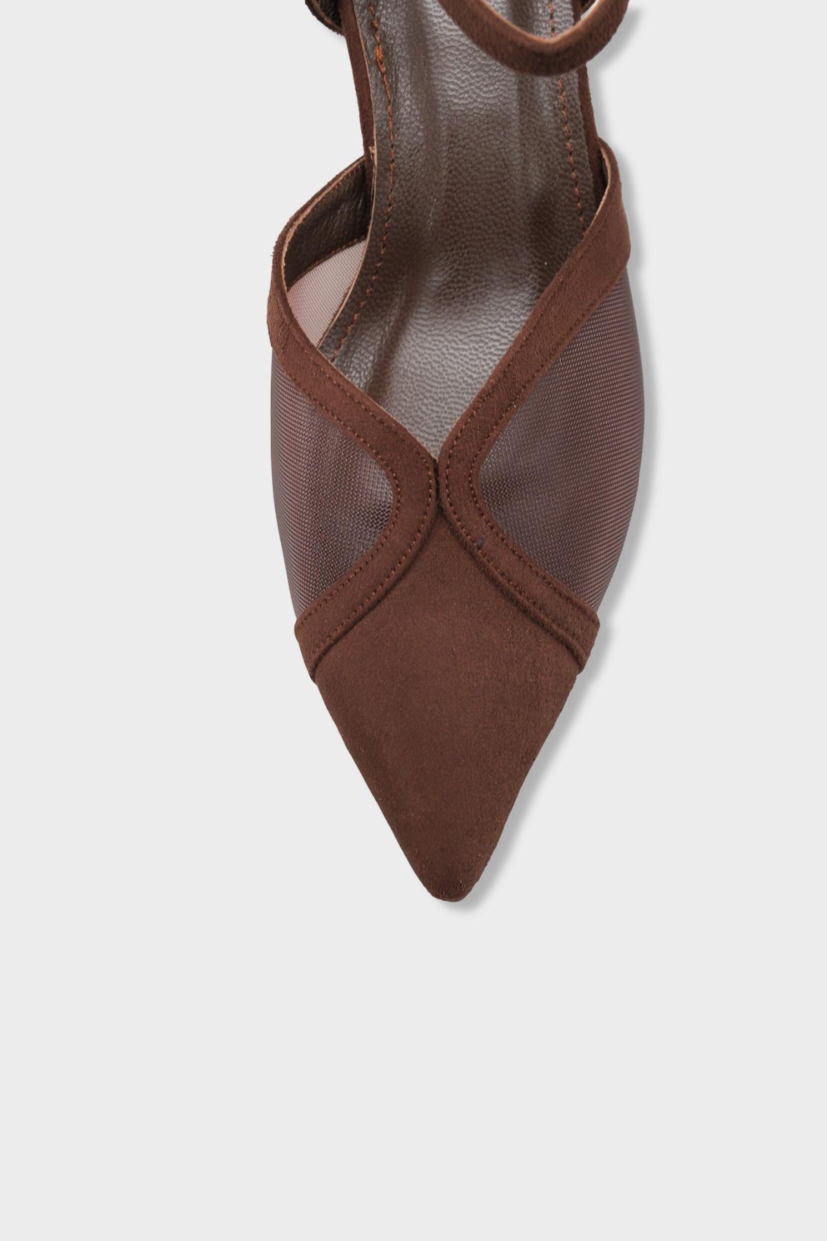 Capone Kathryn Genuine Leather Lined Pointed Toe Mid Heel Mesh Suede Look Open Back Women Sued Brown Shoe