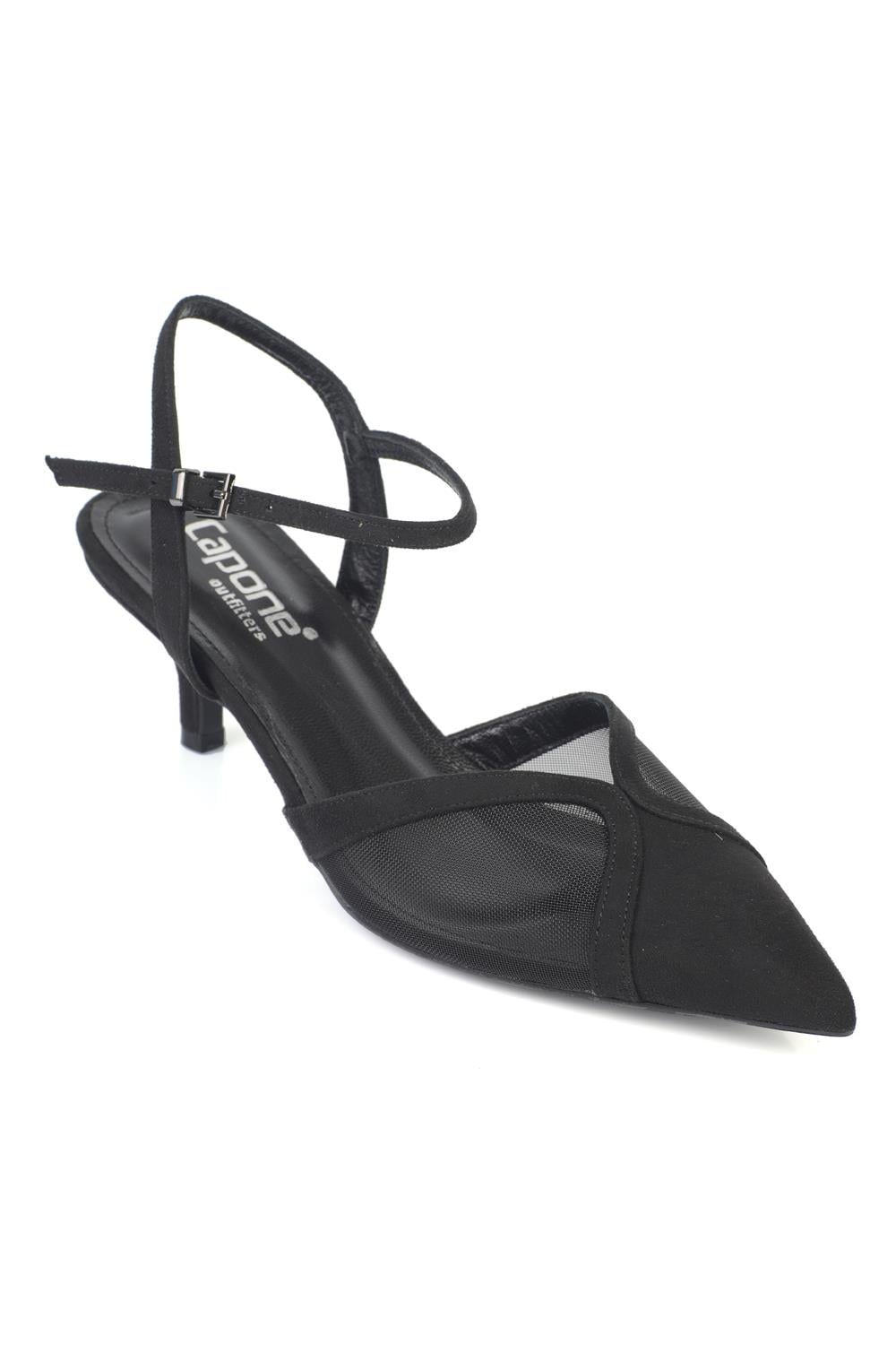 Capone Kathryn Genuine Leather Lined Pointed Toe Mid Heel Mesh Suede Look Open Back Women Sued Black Shoe
