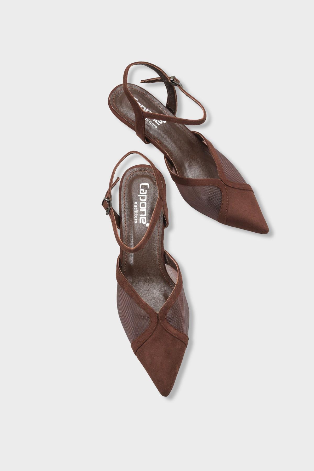 Capone Kathryn Genuine Leather Lined Pointed Toe Mid Heel Mesh Suede Look Open Back Women Sued Brown Shoe