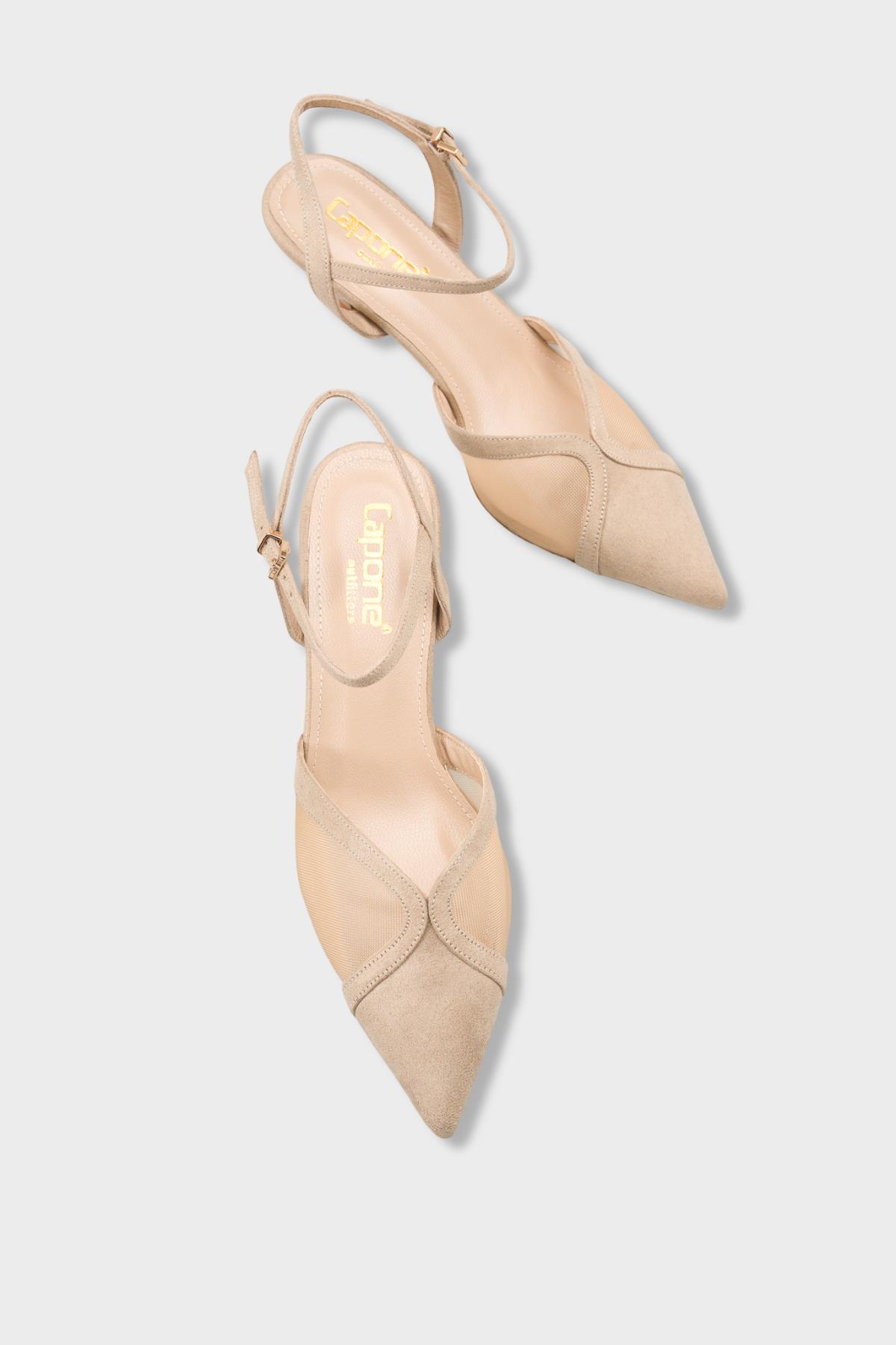 Capone Kathryn Genuine Leather Lined Pointed Toe Mid Heel Mesh Suede Look Open Back Women Sued Beige Shoe
