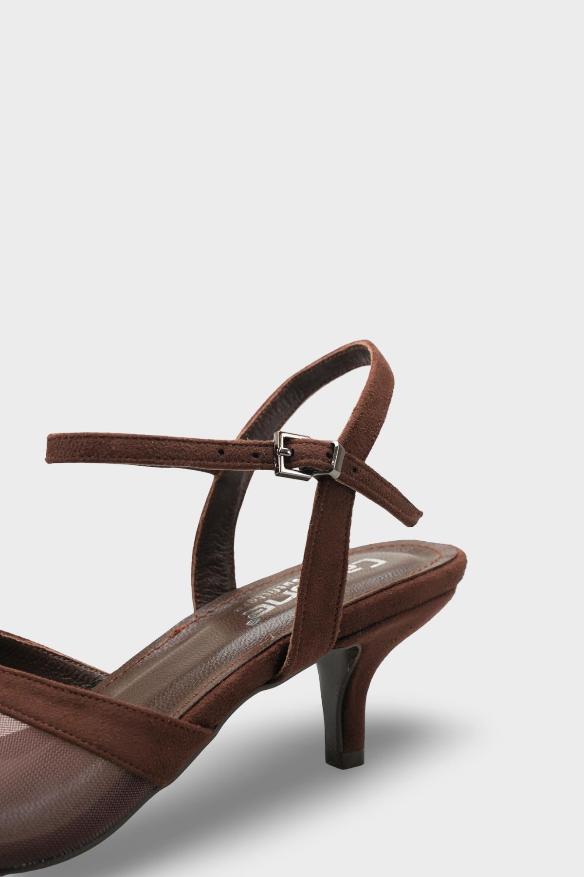 Capone Kathryn Genuine Leather Lined Pointed Toe Mid Heel Mesh Suede Look Open Back Women Sued Brown Shoe