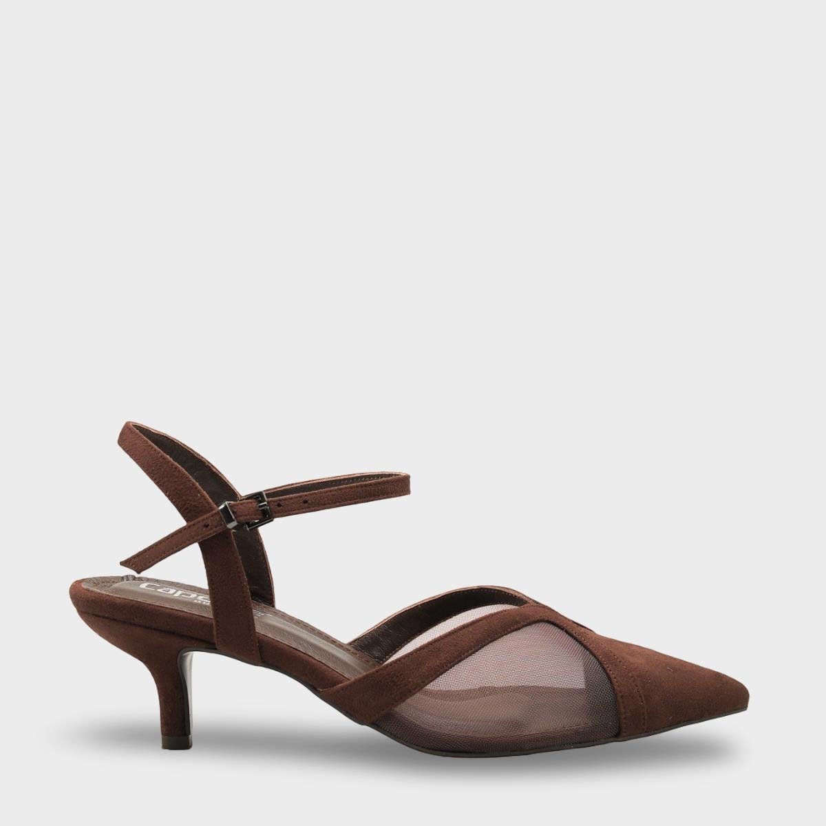 Capone Kathryn Genuine Leather Lined Pointed Toe Mid Heel Mesh Suede Look Open Back Women Sued Brown Shoe