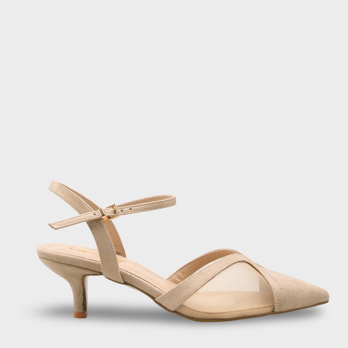 Capone Kathryn Genuine Leather Lined Pointed Toe Mid Heel Mesh Suede Look Open Back Women Sued Beige Shoe