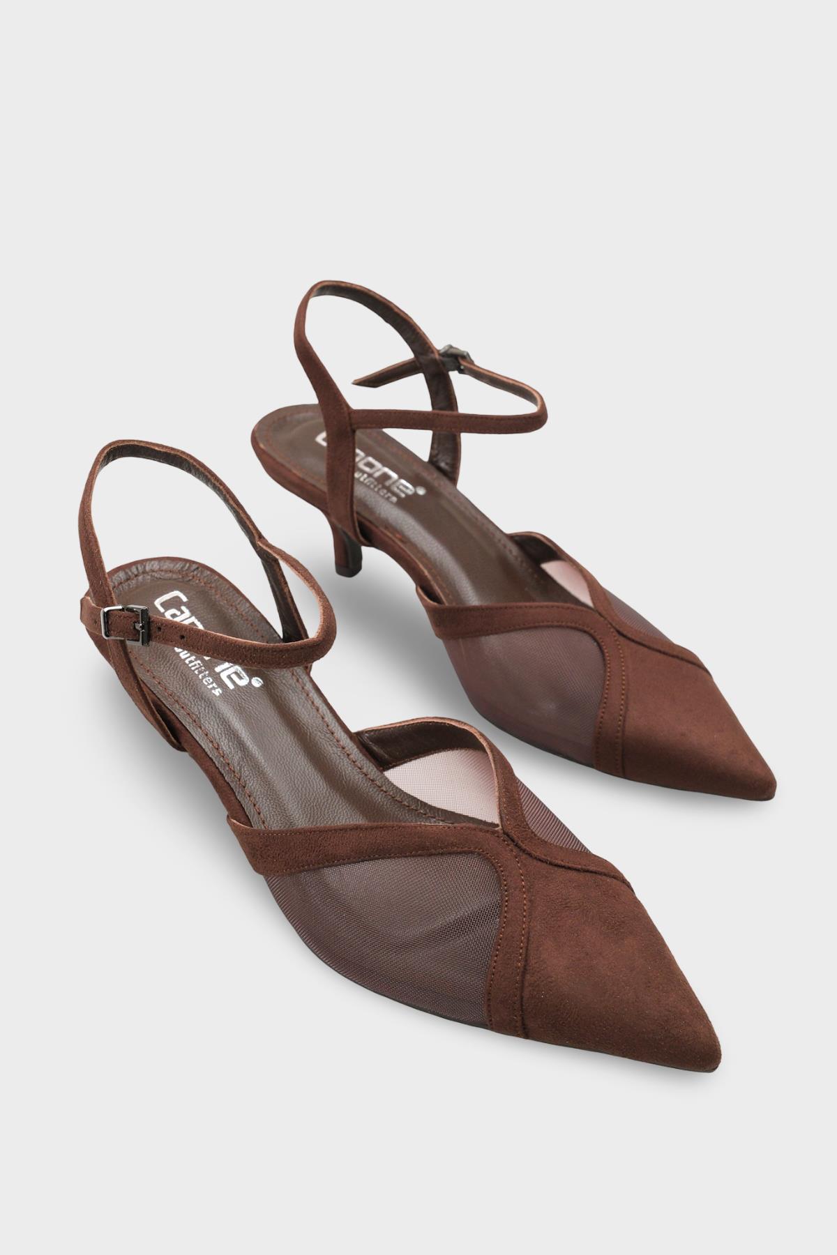 Capone Kathryn Genuine Leather Lined Pointed Toe Mid Heel Mesh Suede Look Open Back Women Sued Brown Shoe