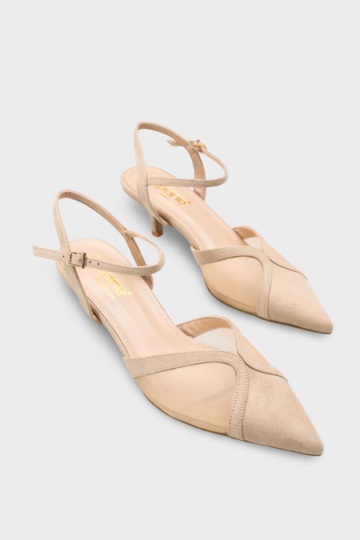 Capone Kathryn Genuine Leather Lined Pointed Toe Mid Heel Mesh Suede Look Open Back Women Sued Beige Shoe