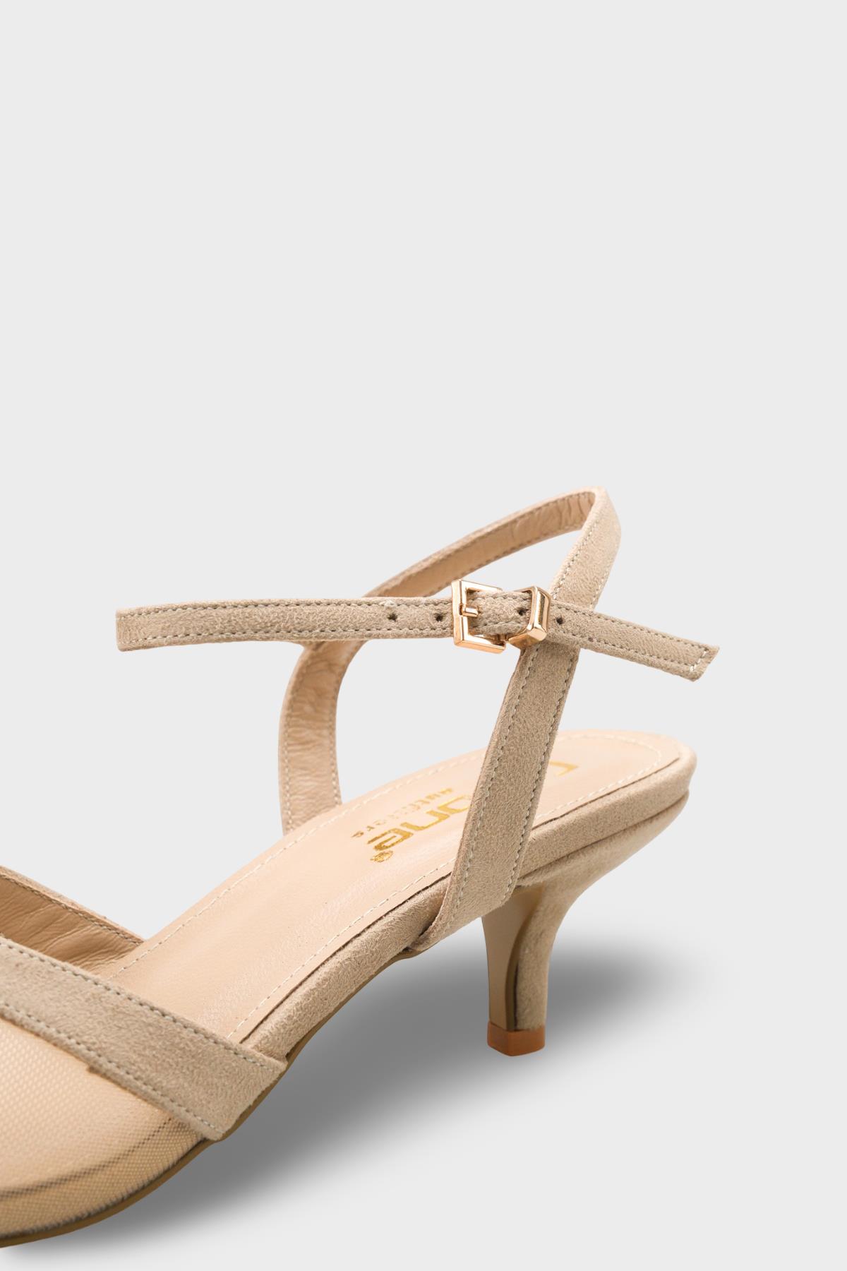 Capone Kathryn Genuine Leather Lined Pointed Toe Mid Heel Mesh Suede Look Open Back Women Sued Beige Shoe