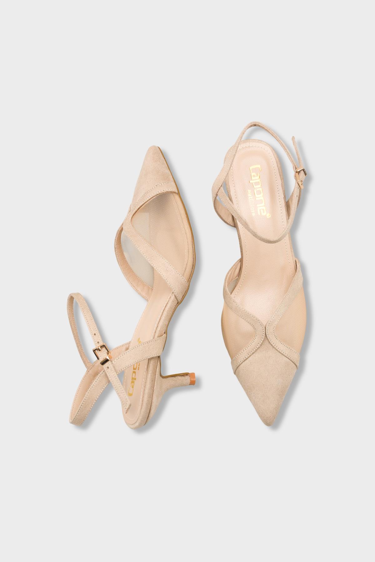 Capone Kathryn Genuine Leather Lined Pointed Toe Mid Heel Mesh Suede Look Open Back Women Sued Beige Shoe
