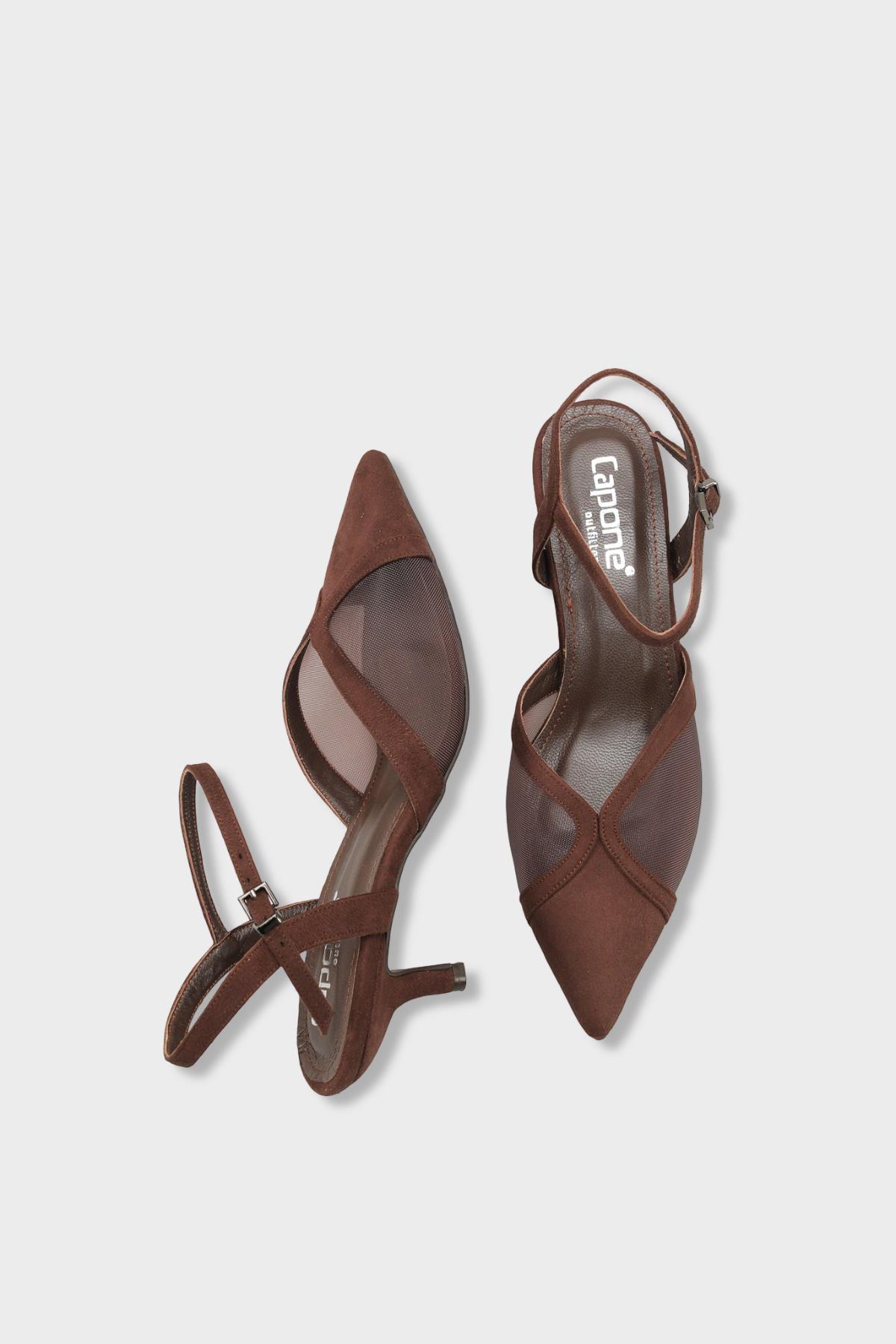 Capone Kathryn Genuine Leather Lined Pointed Toe Mid Heel Mesh Suede Look Open Back Women Sued Brown Shoe