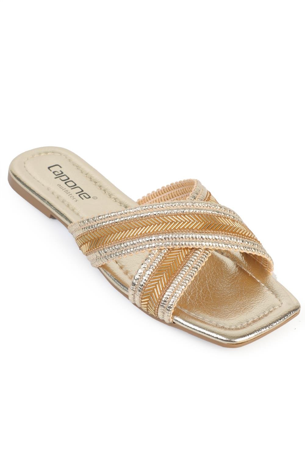 Capone Ketty Flat Heel Shiny Blunt Toe Cross Strap Women Gold Sandals
