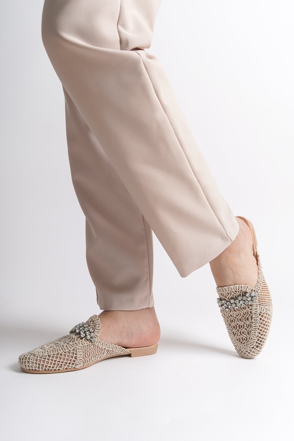Capone Knitted Crystal Embellished Closed Toe Women Beige Sandals