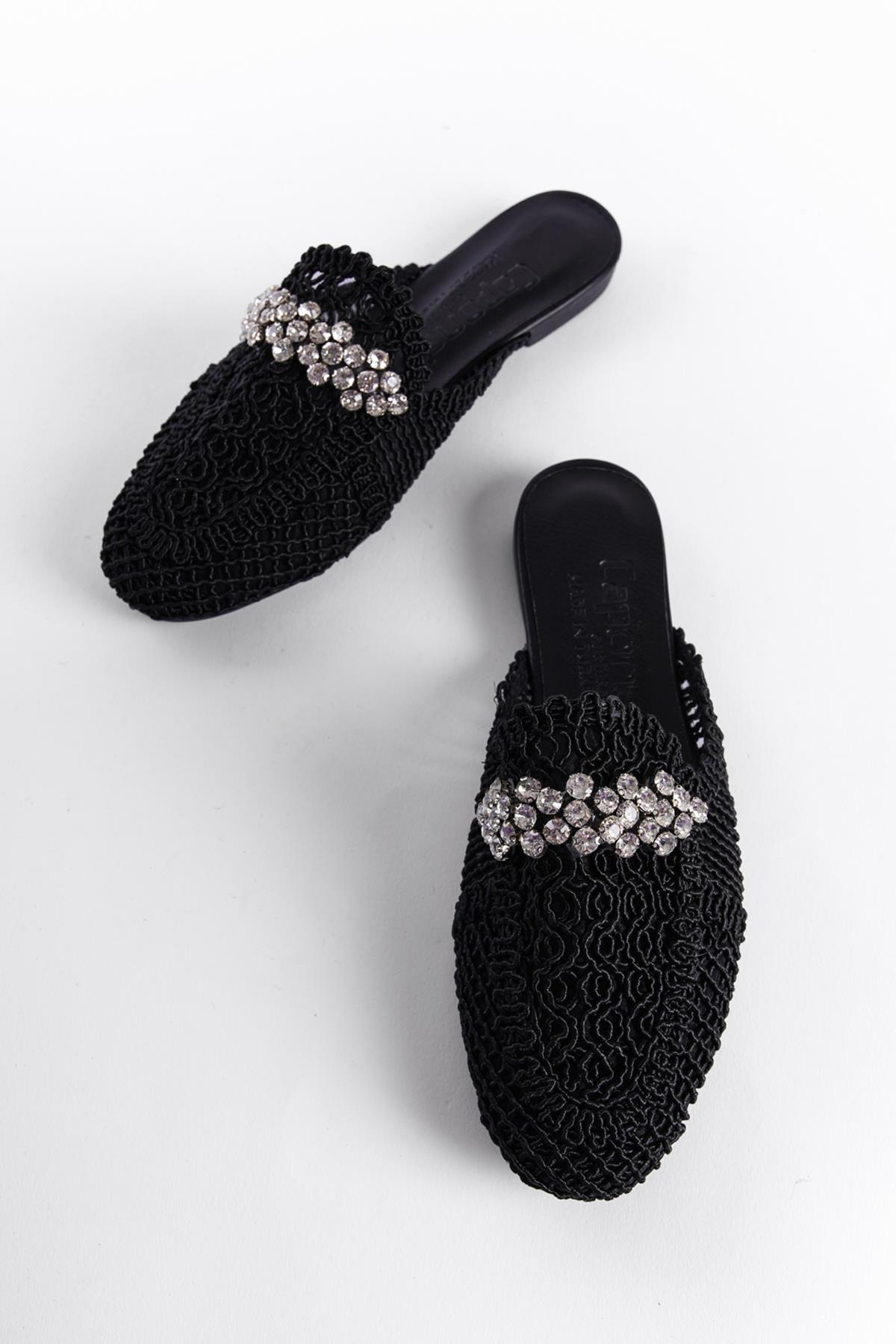 Capone Knitted Crystal Embellished Closed Toe Women Black Sandals