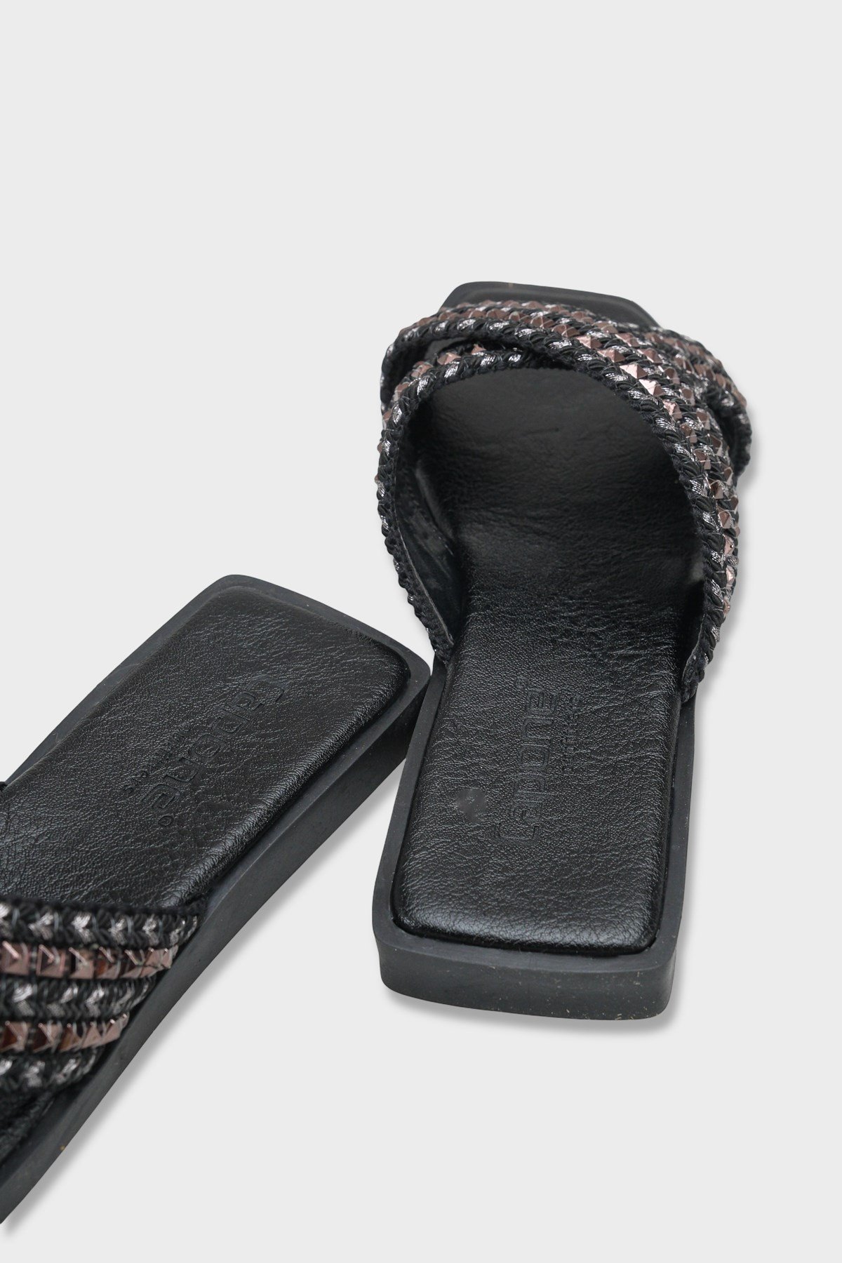 Capone Kyla Flat Heel Blunt Toe Metallic Cross Strap Women Black Platinum Sandals