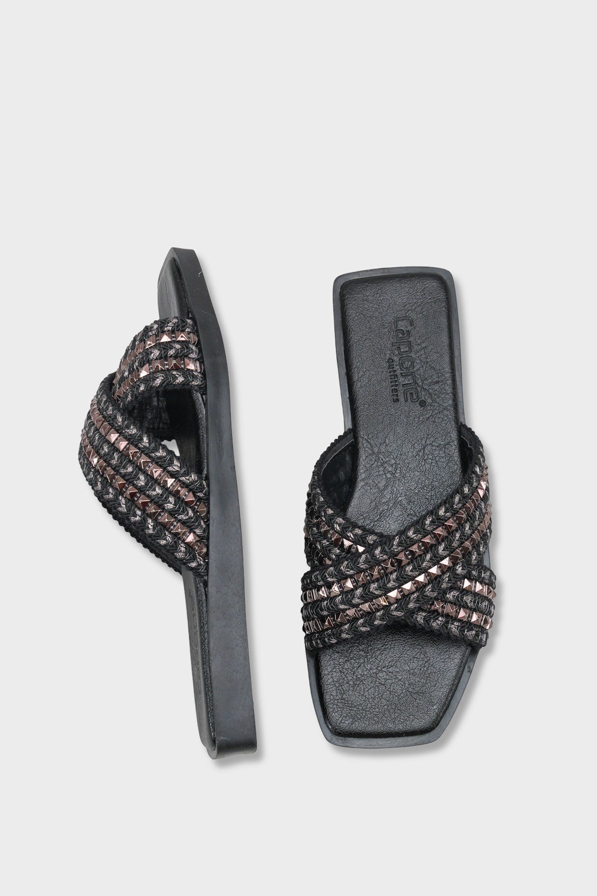 Capone Kyla Flat Heel Blunt Toe Metallic Cross Strap Women Black Platinum Sandals