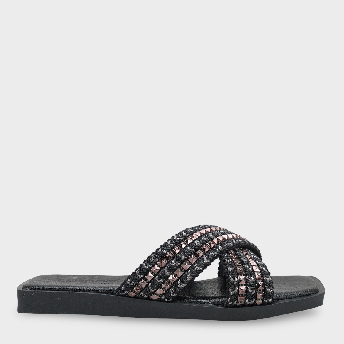 Capone Kyla Flat Heel Blunt Toe Metallic Cross Strap Women Black Platinum Sandals