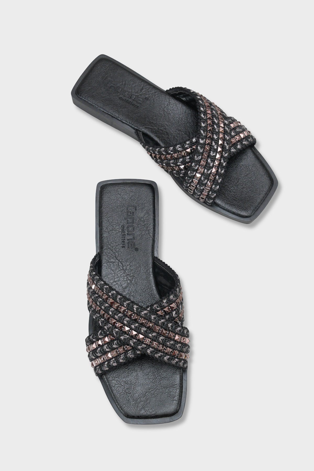 Capone Kyla Flat Heel Blunt Toe Metallic Cross Strap Women Black Platinum Sandals