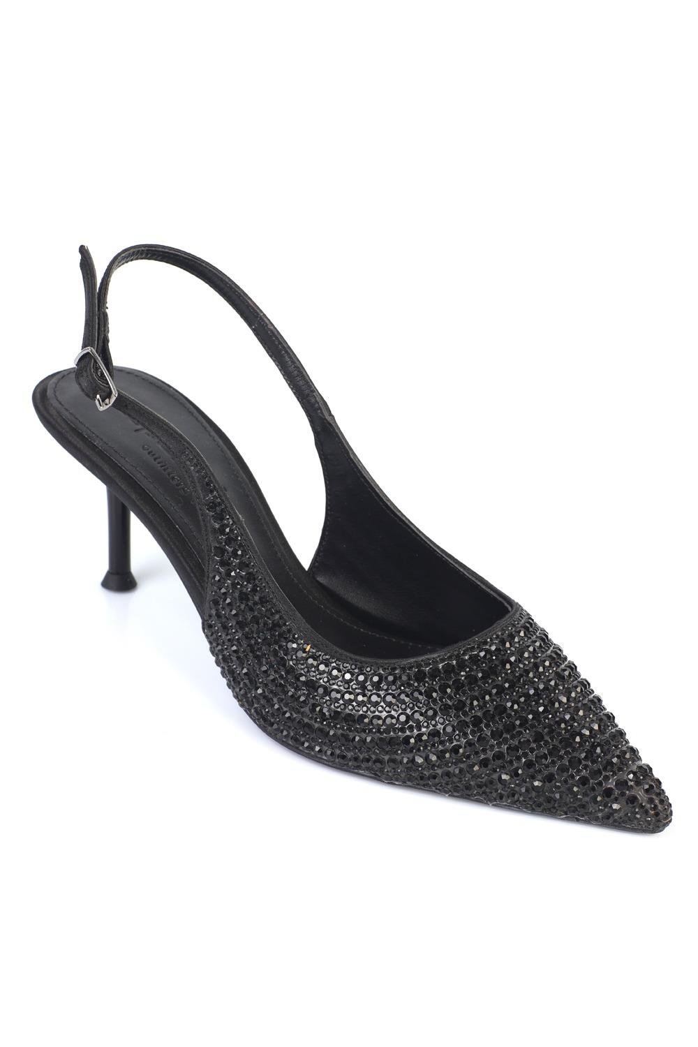 Capone Laryssa Fully Crystal Embellished Pointed Toe Satin Open Back Women Satin Black Wedding Heel Shoe