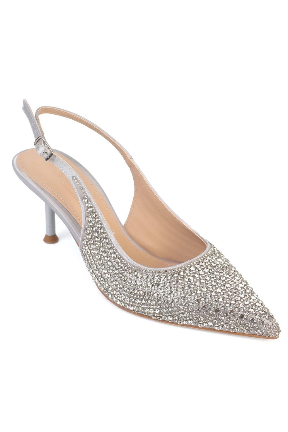 Capone Laryssa Fully Crystal Embellished Pointed Toe Satin Open Back Women Silver Wedding Heel Shoe
