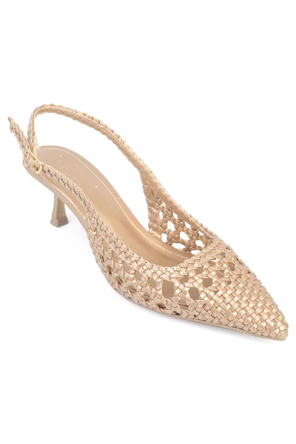 Capone Laurie Woven Pointed Toe Open Back Mid Heel Women Gold Shoe
