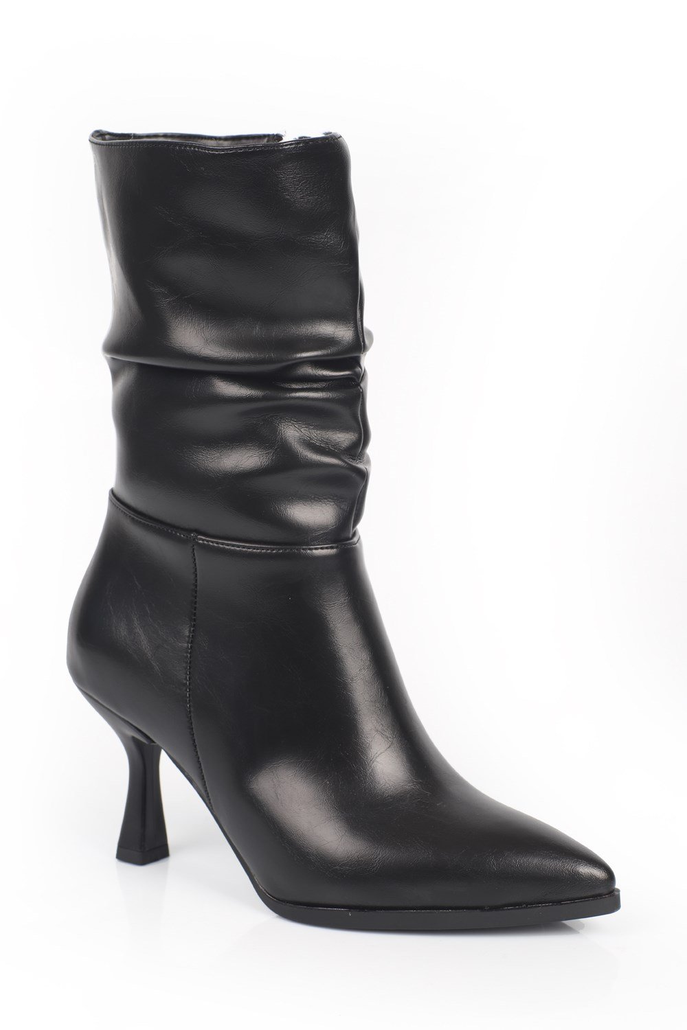Capone Lilia Patent Look Pointed Toe High Heel Ruched Side Zip Casual Elegant Women Black Ankle Boot