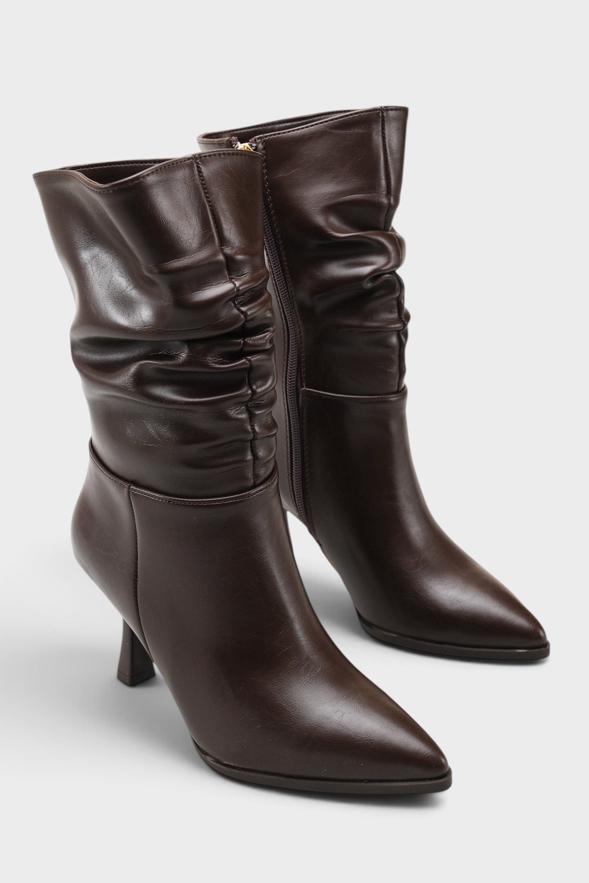 Capone Lilia Patent Look Pointed Toe High Heel Ruched Side Zip Casual Elegant Women Brown Ankle Boot