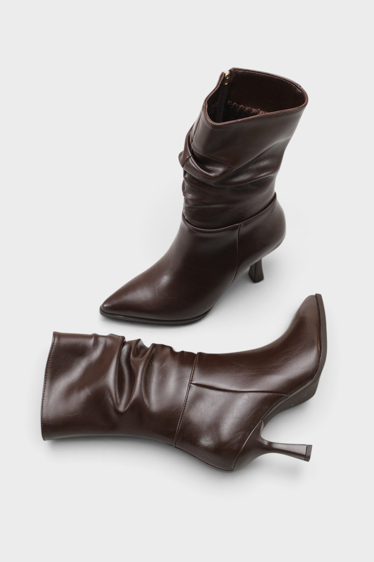 Capone Lilia Patent Look Pointed Toe High Heel Ruched Side Zip Casual Elegant Women Brown Ankle Boot