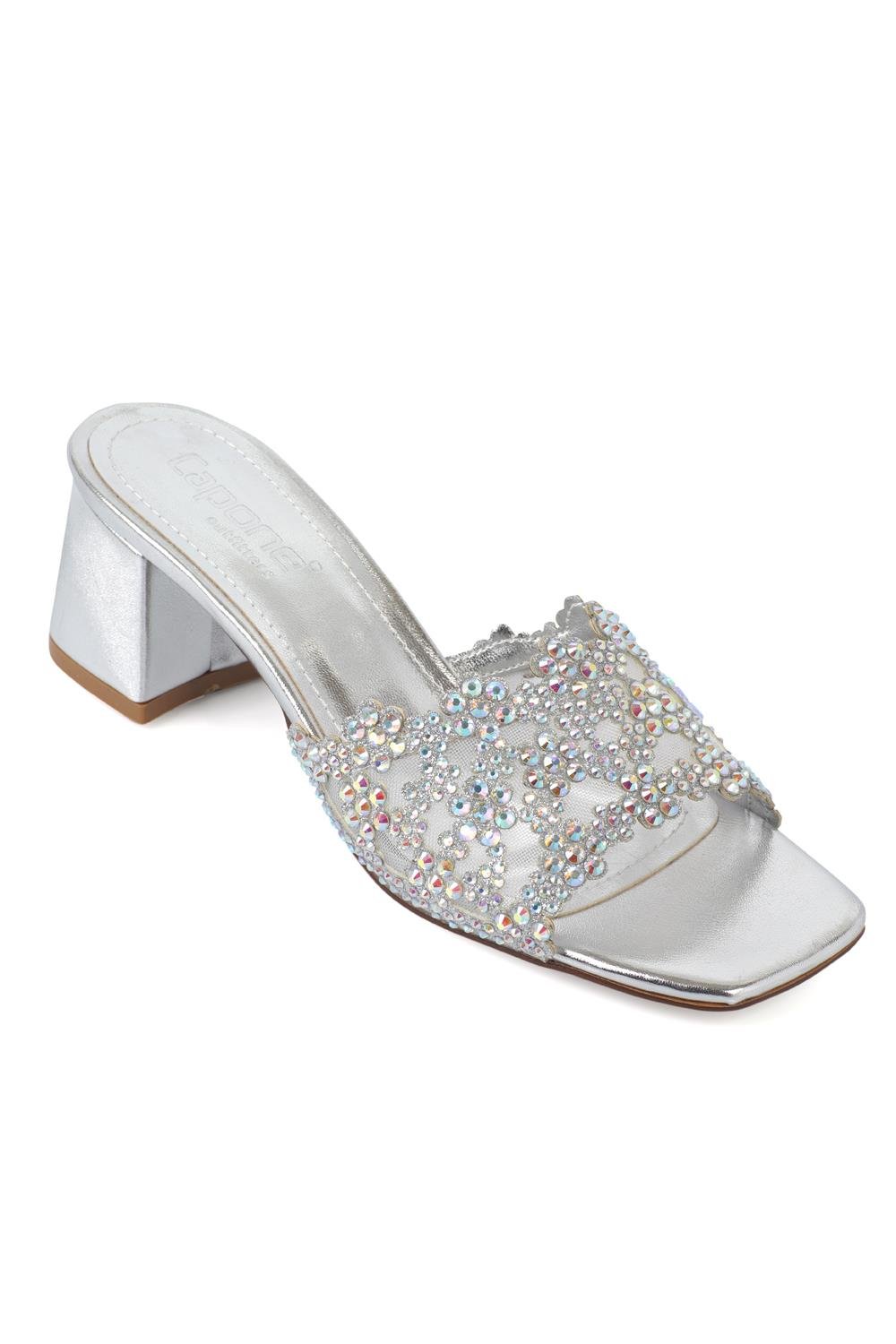 Capone Lois Square Toe Crystal Embellished Mid Heel Elegant Women Metallic Silver Wedding Sandal