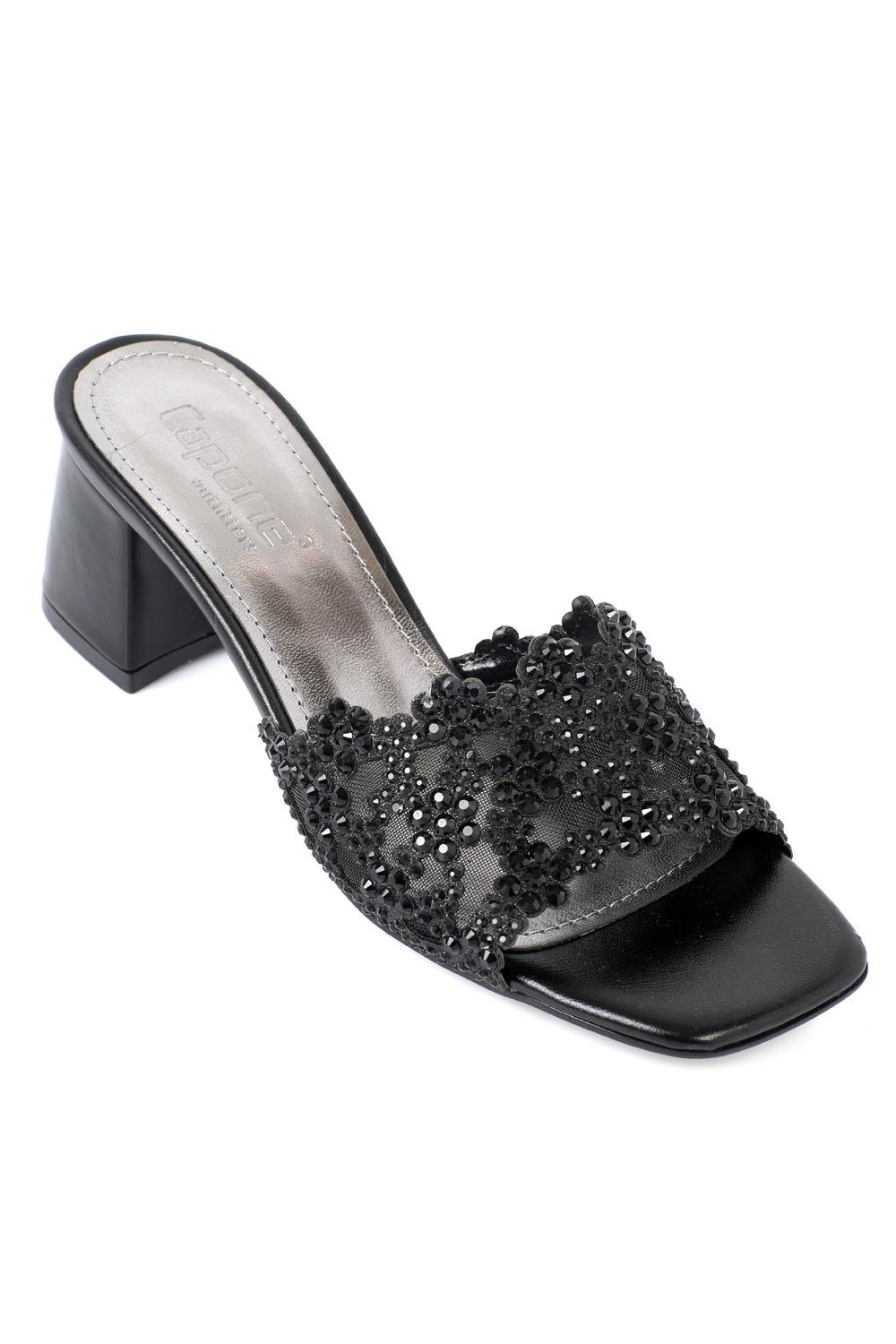 Capone Lois Square Toe Crystal Embellished Mid Heel Elegant Women Metallic Black Wedding Sandal