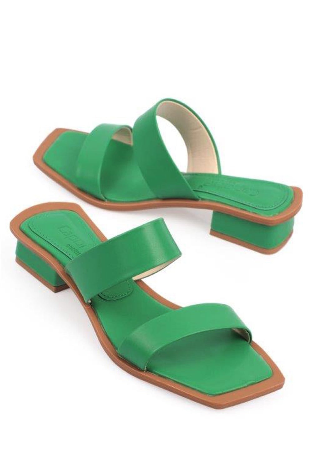 Capone Low Heel Blunt Toe Double Band Women Dark Green Sandals