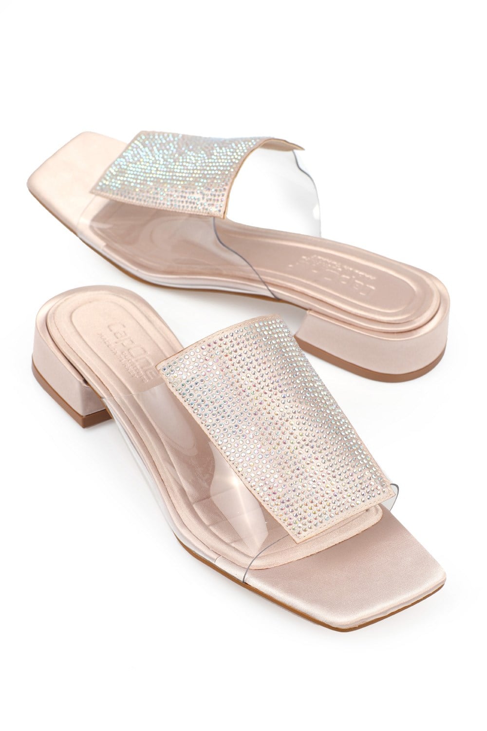 Capone Low Heel Transparent Crystal Embellished Band Satin Woman Sandals