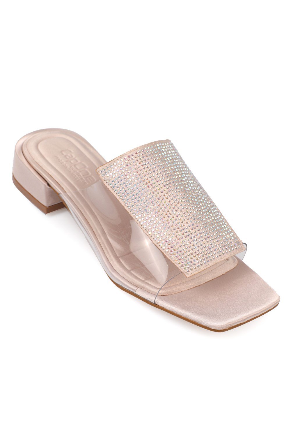 Capone Low Heel Transparent Crystal Embellished Band Satin Woman Sandals