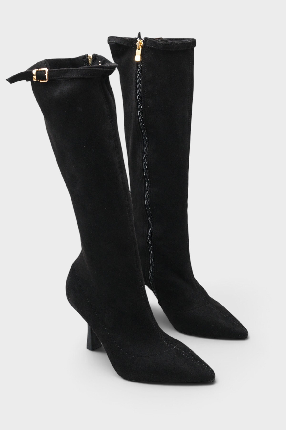 Capone Lucia Stretch Suede Look Pointed Toe Side Zip High Heel Elegant Women Black Boot