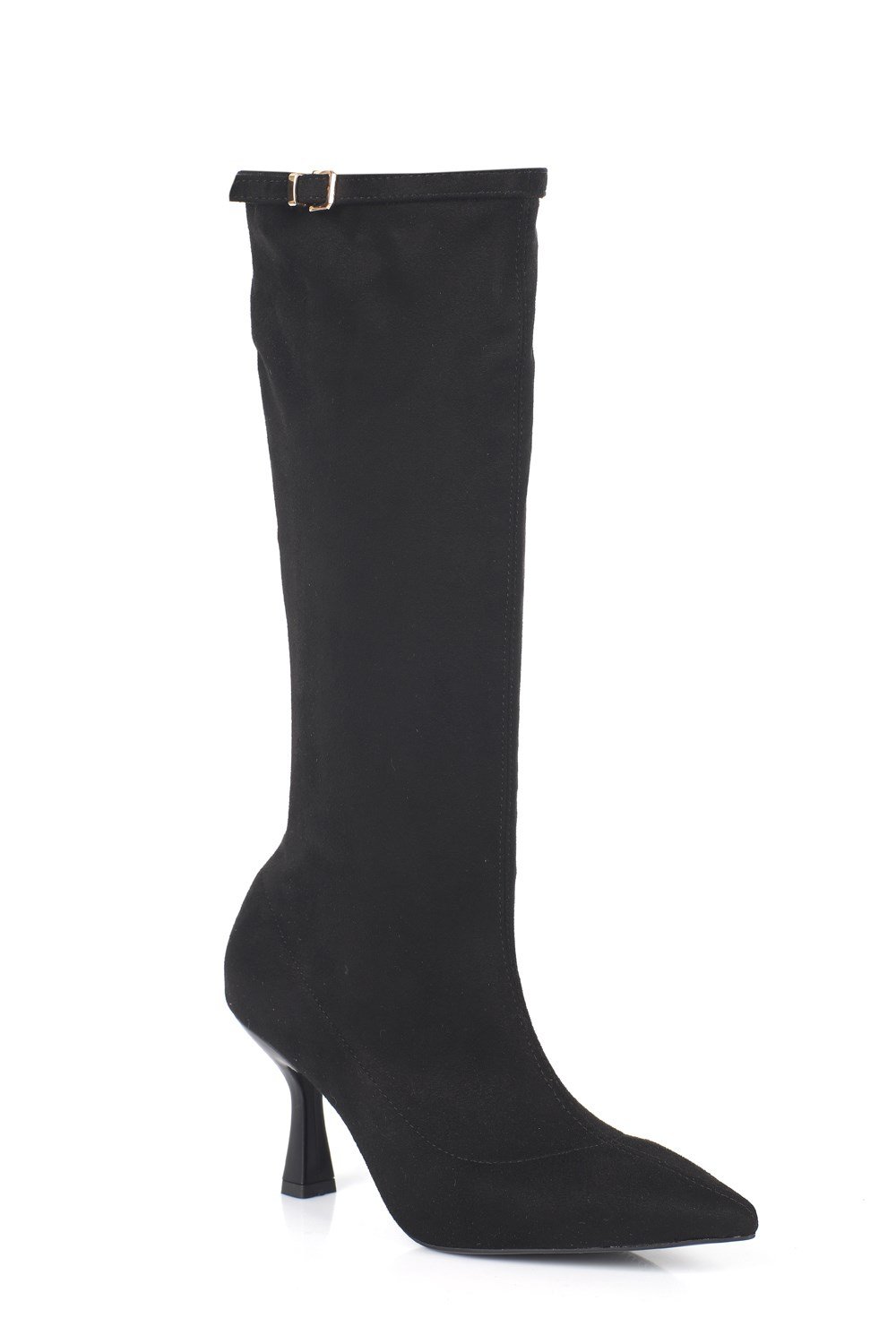 Capone Lucia Stretch Suede Look Pointed Toe Side Zip High Heel Elegant Women Black Boot