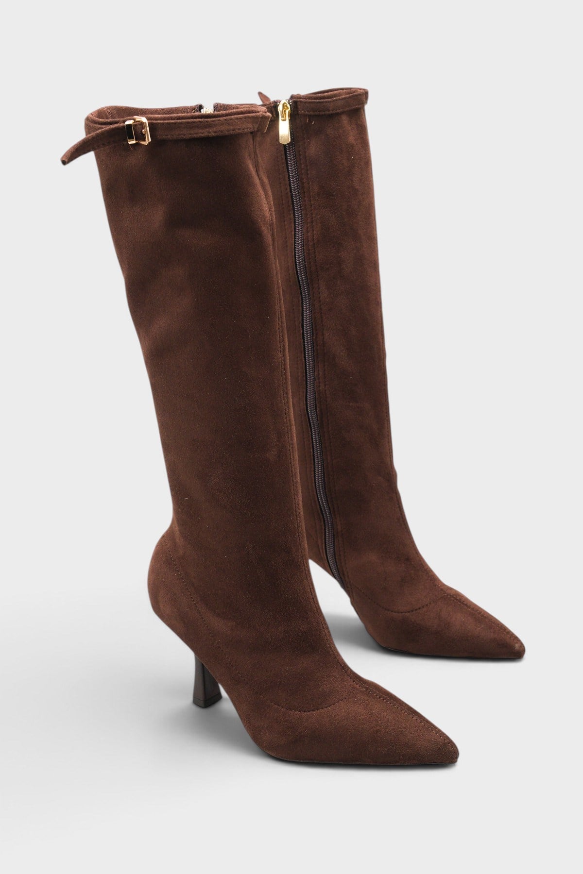 Capone Lucia Stretch Suede Look Pointed Toe Side Zip High Heel Elegant Women Brown Boot