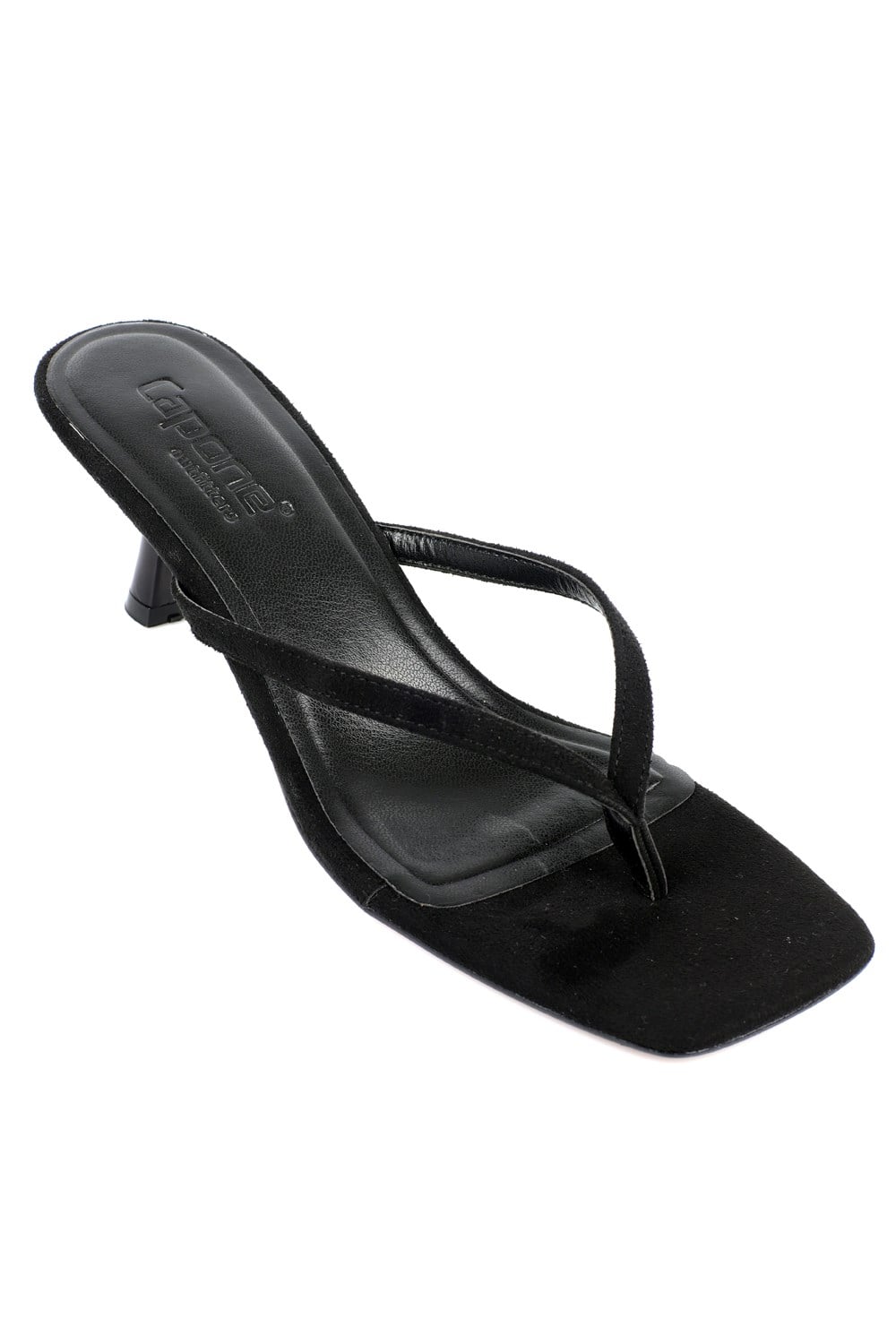 Capone Malory Slim Band Thong Square Toe Low Heel Women Sued Black Sandal