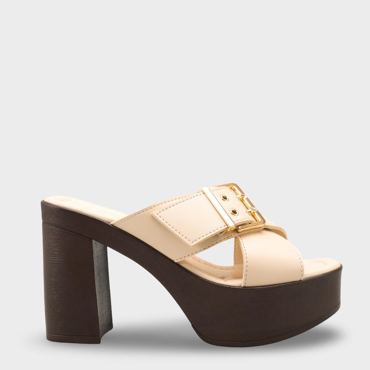Capone Marlo Platform Cross Band Metal Buckle Women Beige Sandal