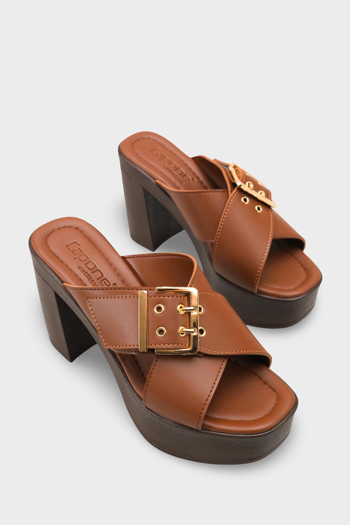 Capone Marlo Platform Cross Band Metal Buckle Women Brown Sandal
