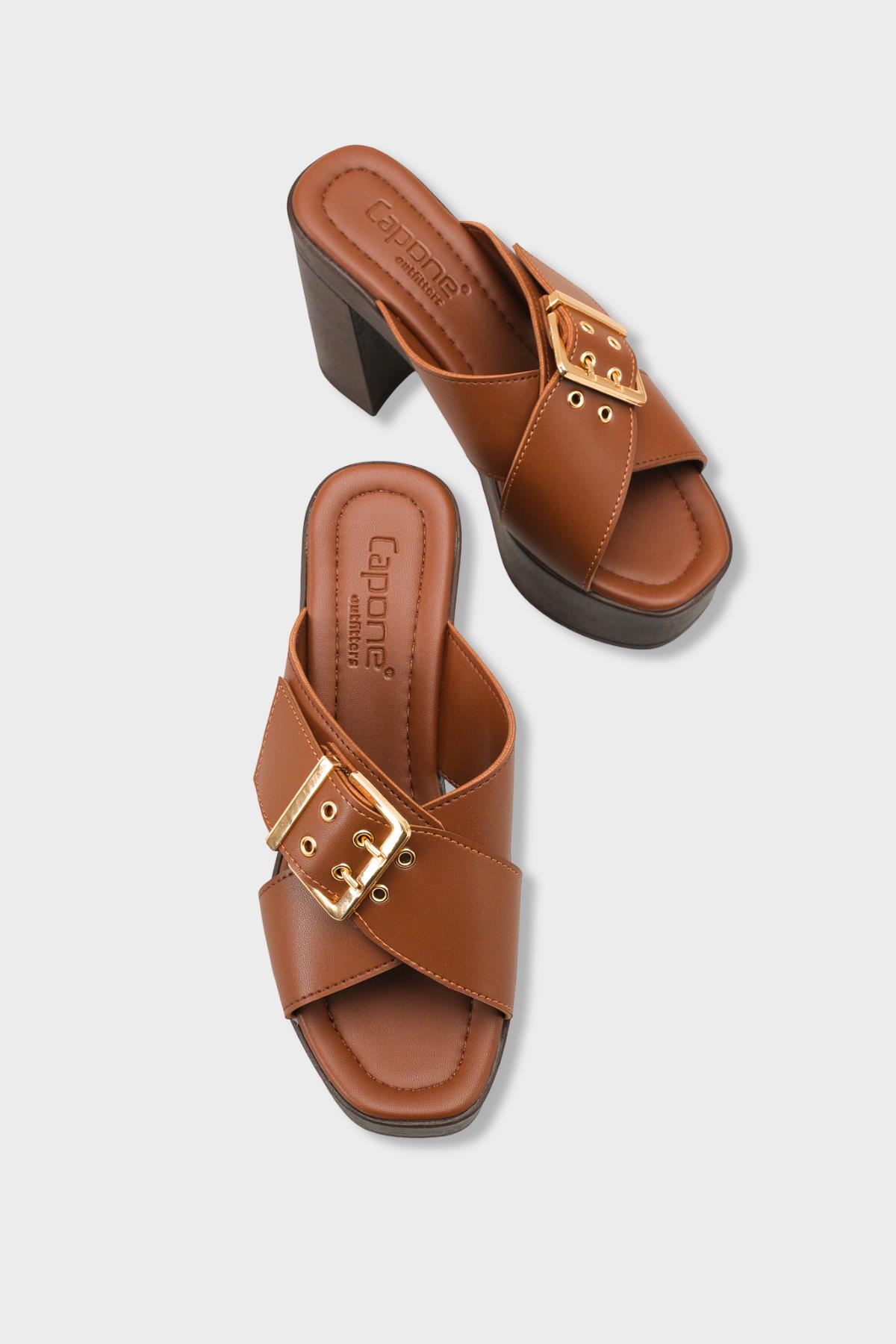 Capone Marlo Platform Cross Band Metal Buckle Women Brown Sandal