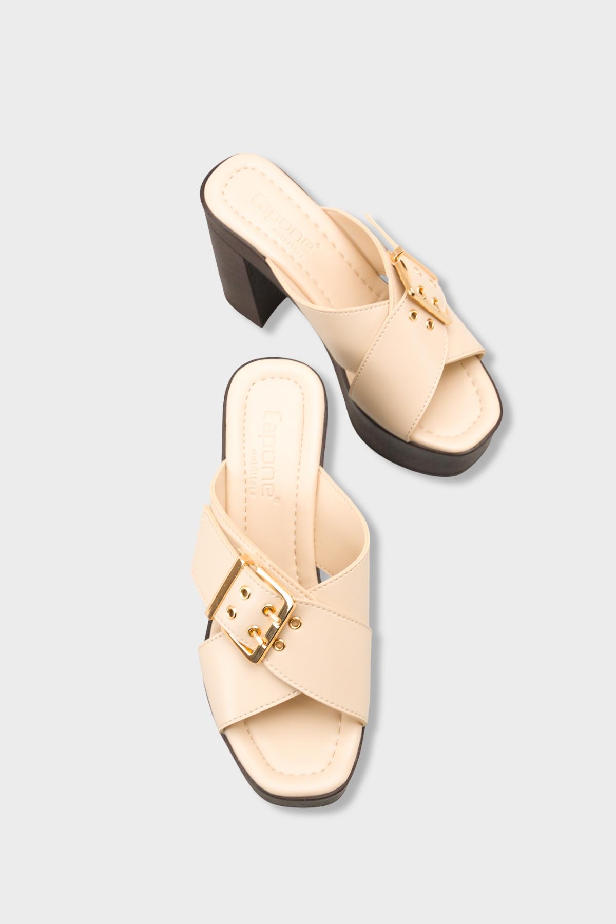 Capone Marlo Platform Cross Band Metal Buckle Women Beige Sandal