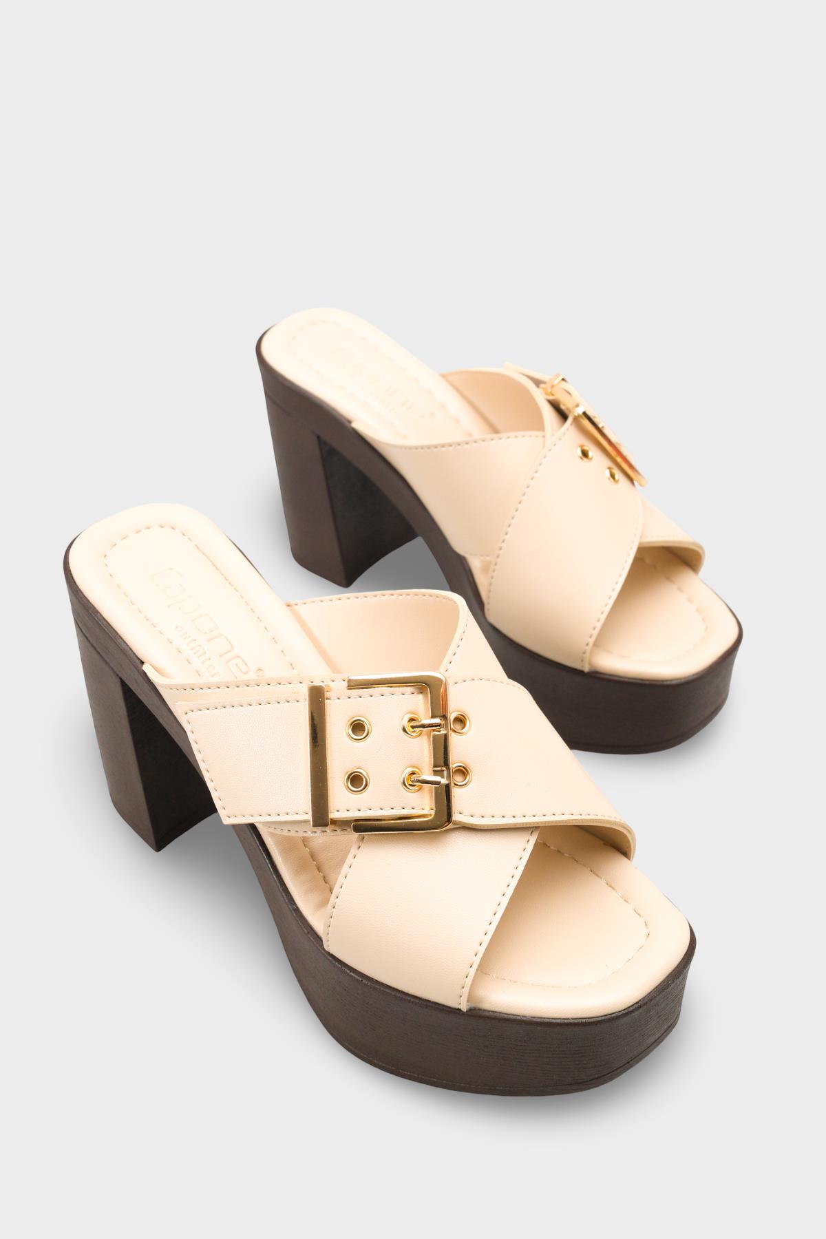 Capone Marlo Platform Cross Band Metal Buckle Women Beige Sandal