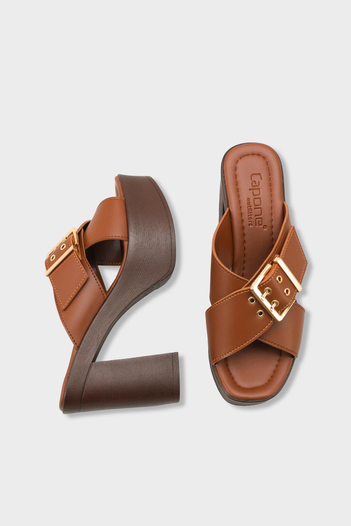 Capone Marlo Platform Cross Band Metal Buckle Women Brown Sandal