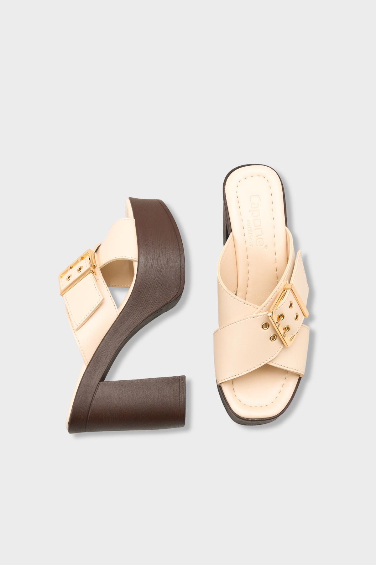 Capone Marlo Platform Cross Band Metal Buckle Women Beige Sandal