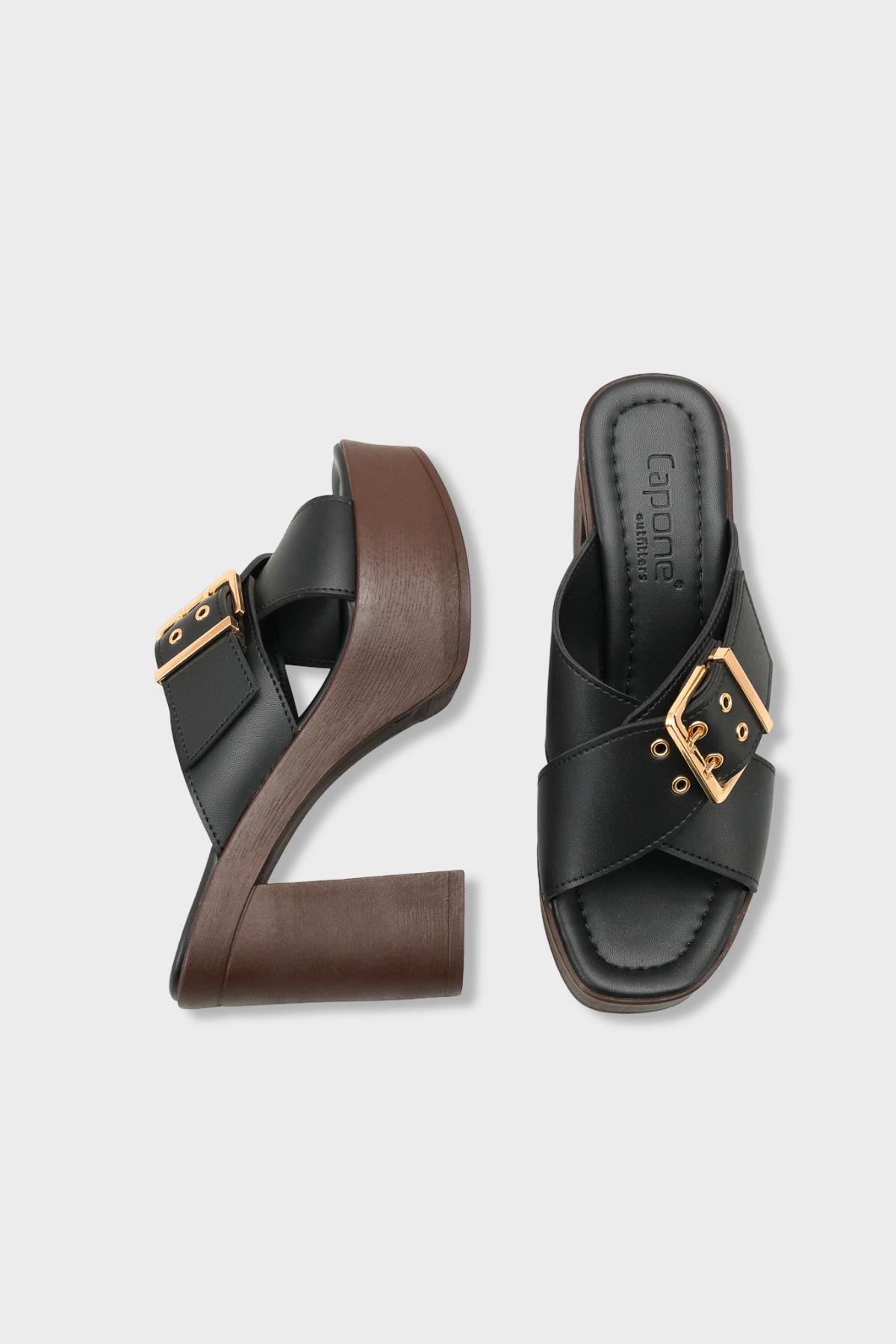 Capone Marlo Platform Cross Band Metal Buckle Women Black Sandal